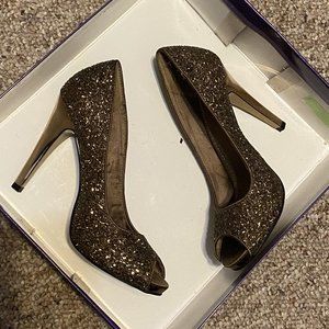 Gold Glitter Peep Toe Heels (Nine West) size 7
